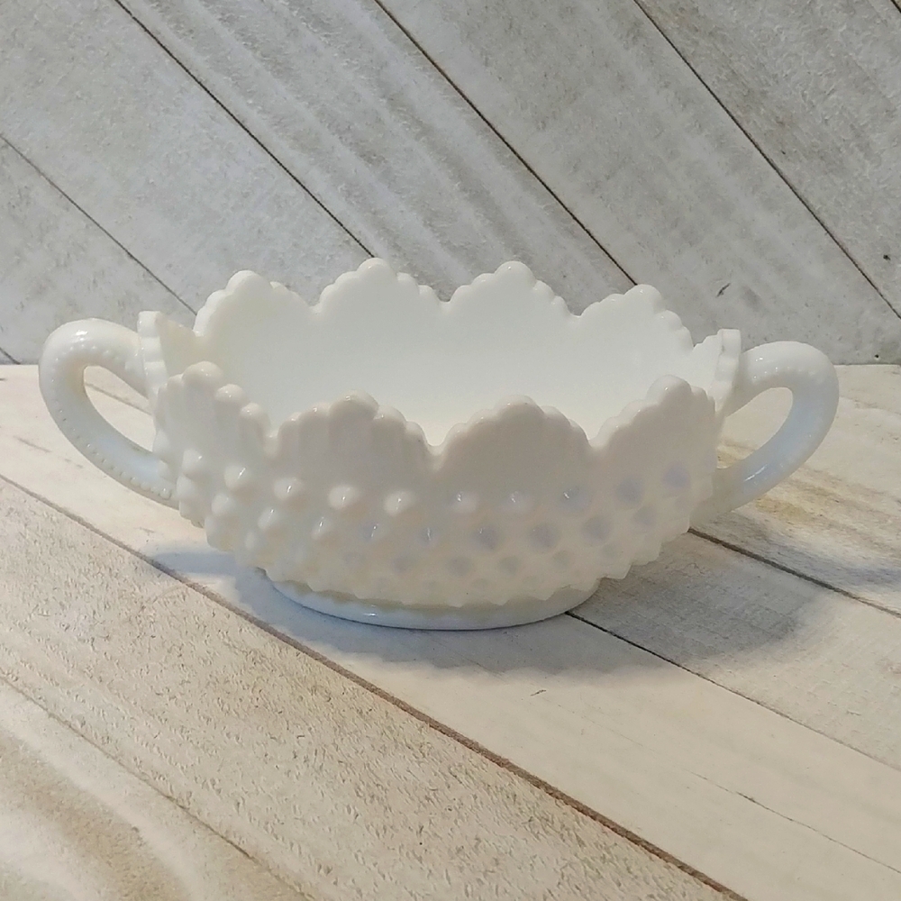Vintage Milk Glass Hobnob Double Handle Dish